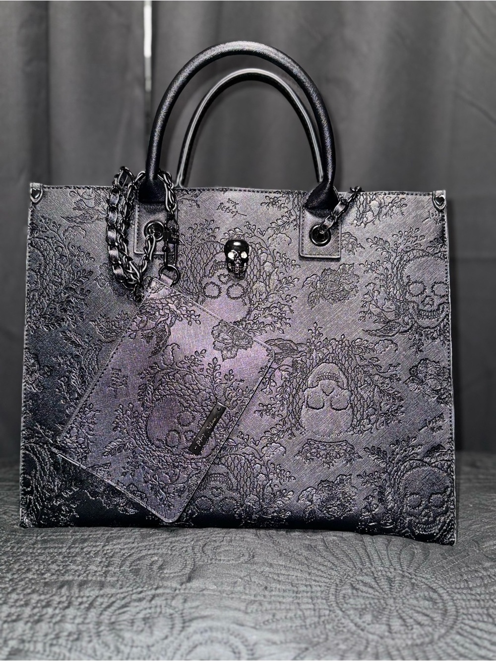 Betsey Johnson Black Embossed Skull Tote with Chain Accent